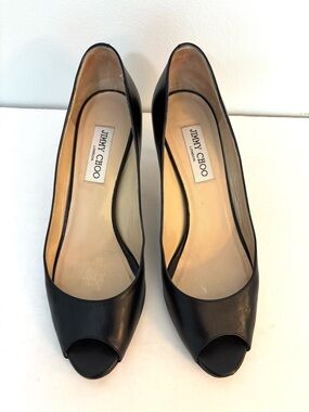 Jimmy Choo Black Leather Peep Toed Heels Size 39.5 (9.5)